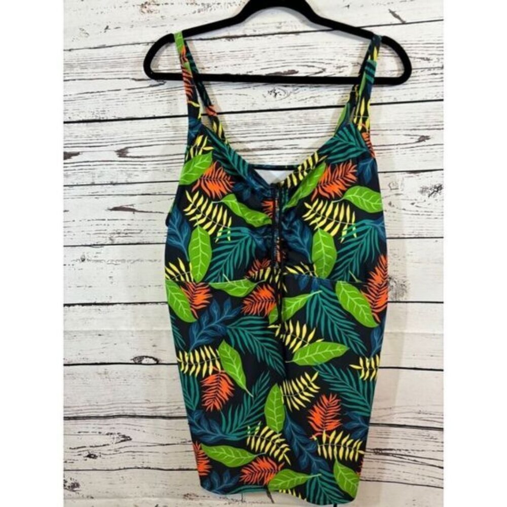 Women's Hanna Nikole Tankini top, Tropical, 26W, Black & Green